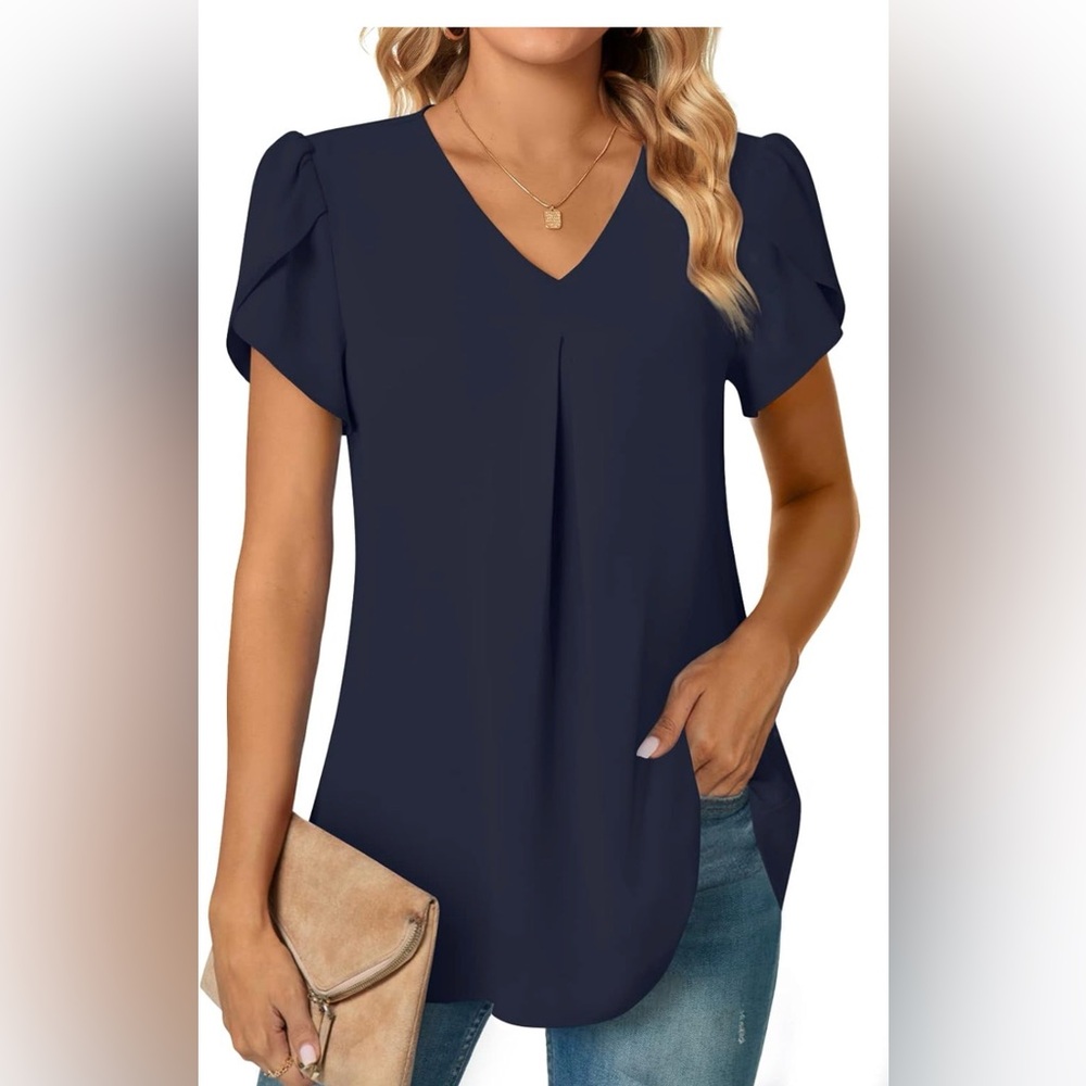 Anyally Tulip Puff Sleeved Pleated Dark Navy V-Neck Blouse, Size XL